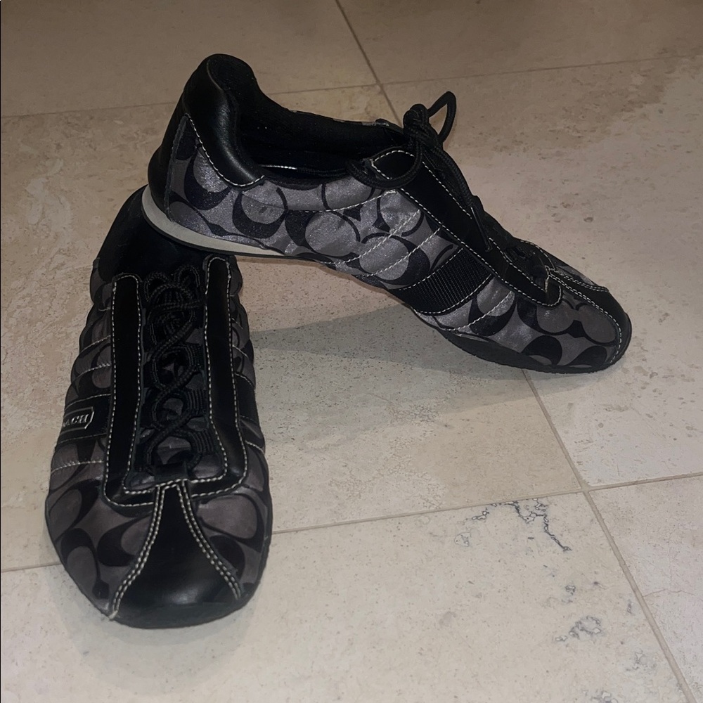 Vintage Coach Kirby Black & Grey Logo Patterned Satin Sneakers Sz 6.5